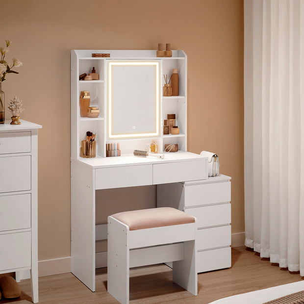 Kaptafel – Make-up Tafel – Met spiegel – LED-verlichting – 2 grote lades – Wit