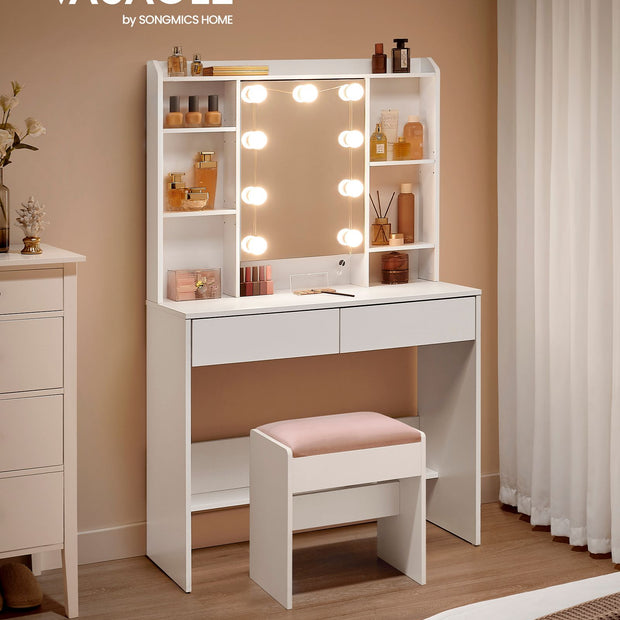 Kaptafel – Make-up Tafel - Wolkenwit - Met spiegel – 3 lades – Verstelbare lichtkleuren