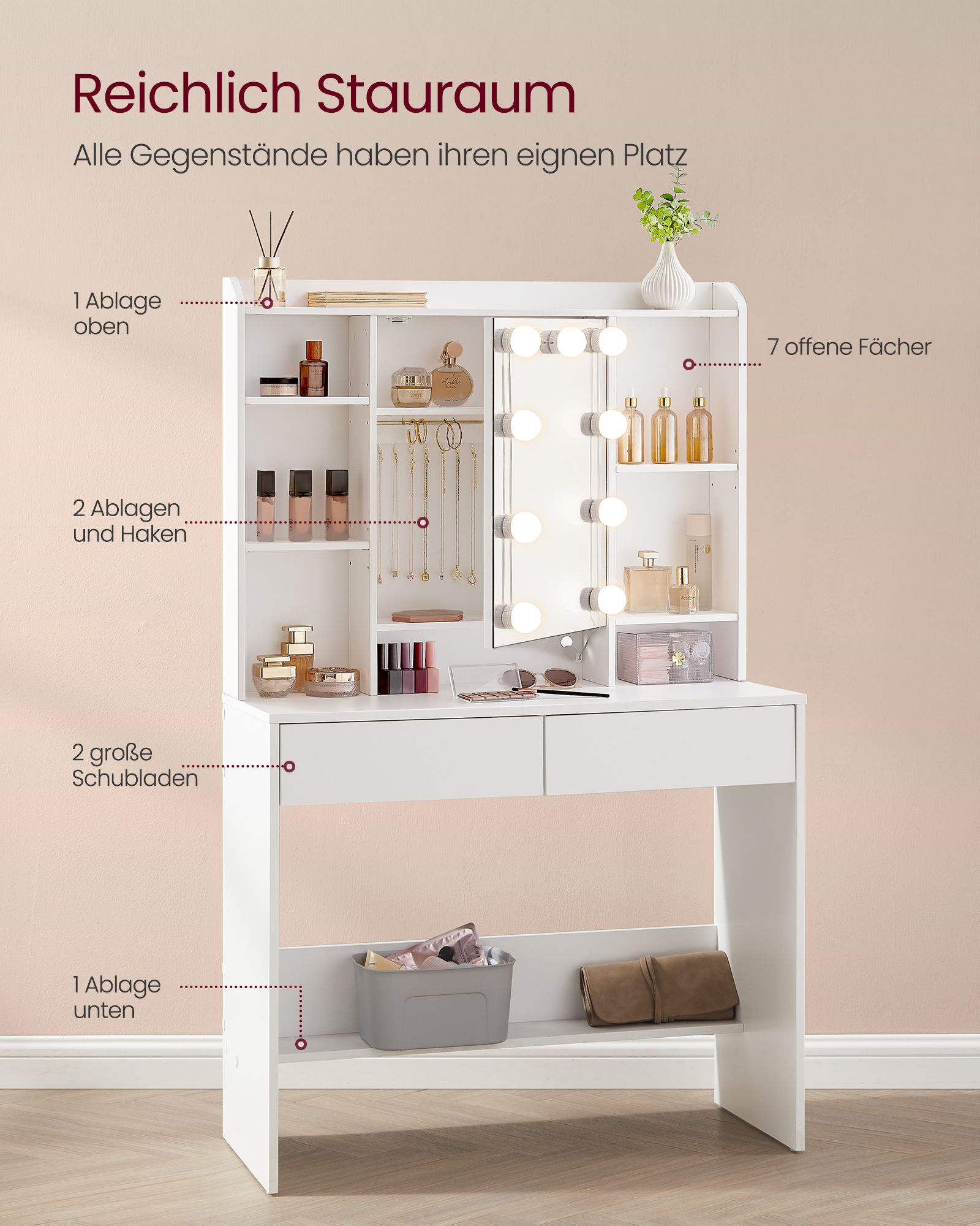 Kaptafel – Make-up Tafel - Wolkenwit - Met spiegel – 3 lades – Verstelbare lichtkleuren
