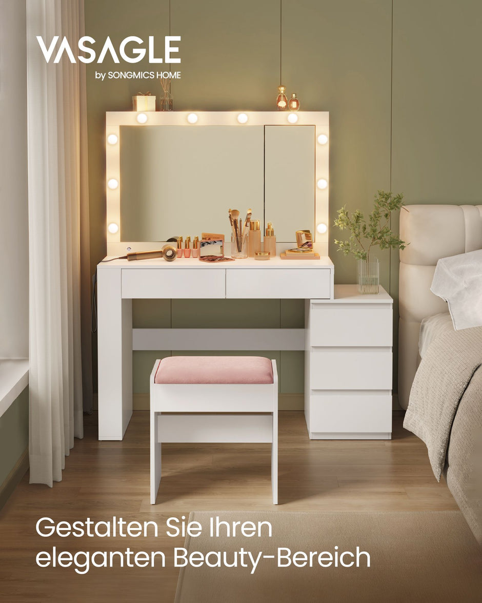 Kaptafel – Make-up Tafel – Met spiegel – LED-verlichting – 3 lades – Wolkenwit