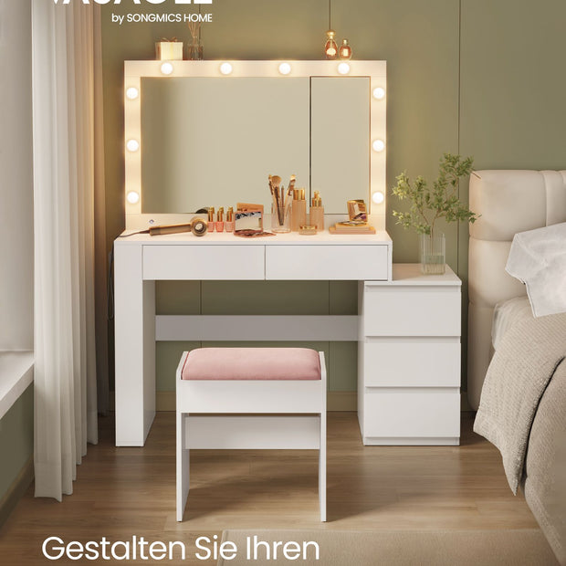 Kaptafel – Make-up Tafel – Met spiegel – LED-verlichting – 3 lades – Wolkenwit