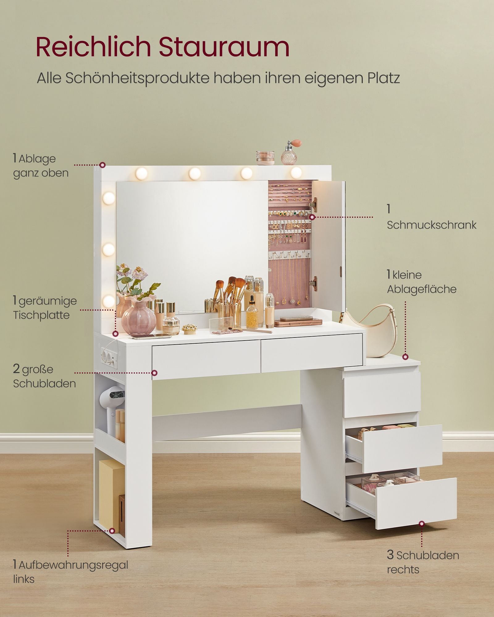 Kaptafel – Make-up Tafel – Met spiegel – LED-verlichting – 3 lades – Wolkenwit