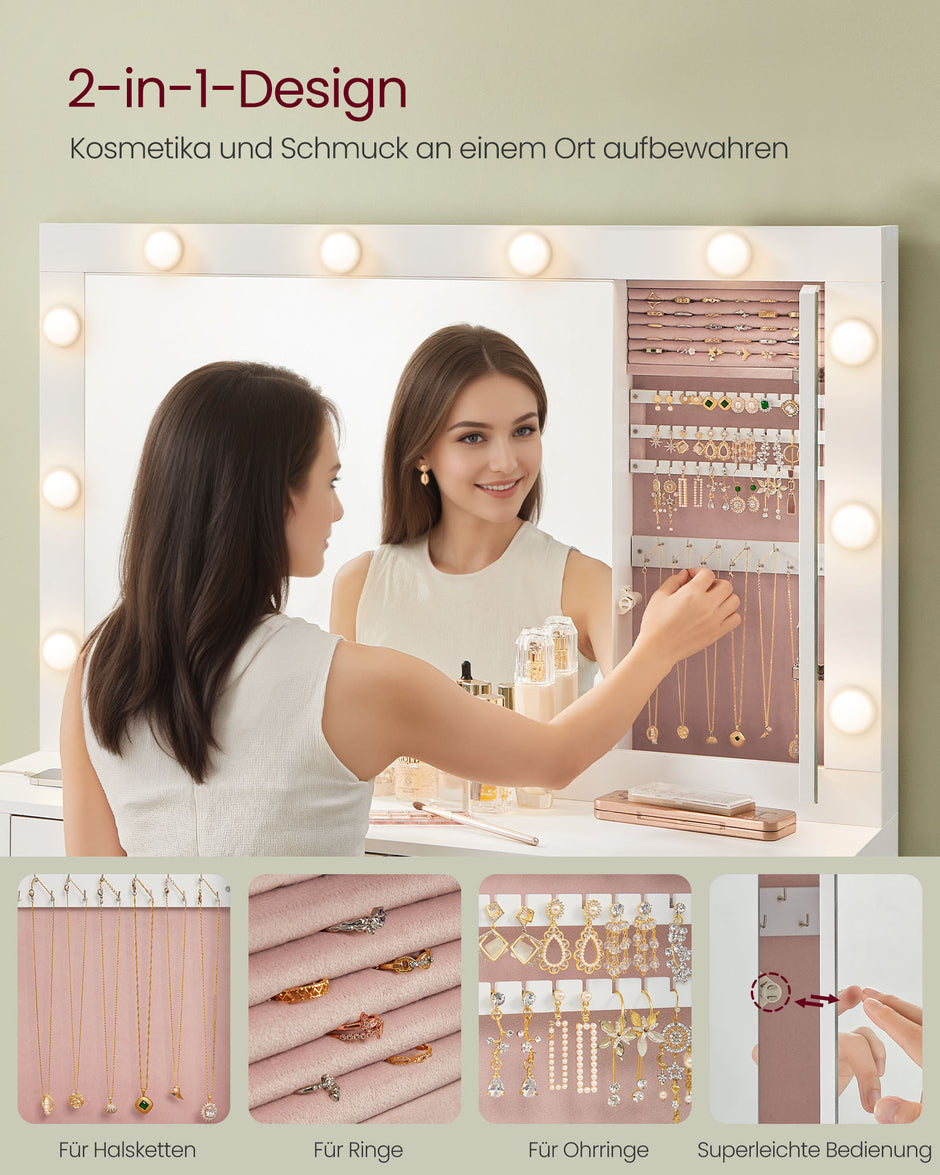 Kaptafel – Make-up Tafel – Met spiegel – LED-verlichting – 3 lades – Wolkenwit