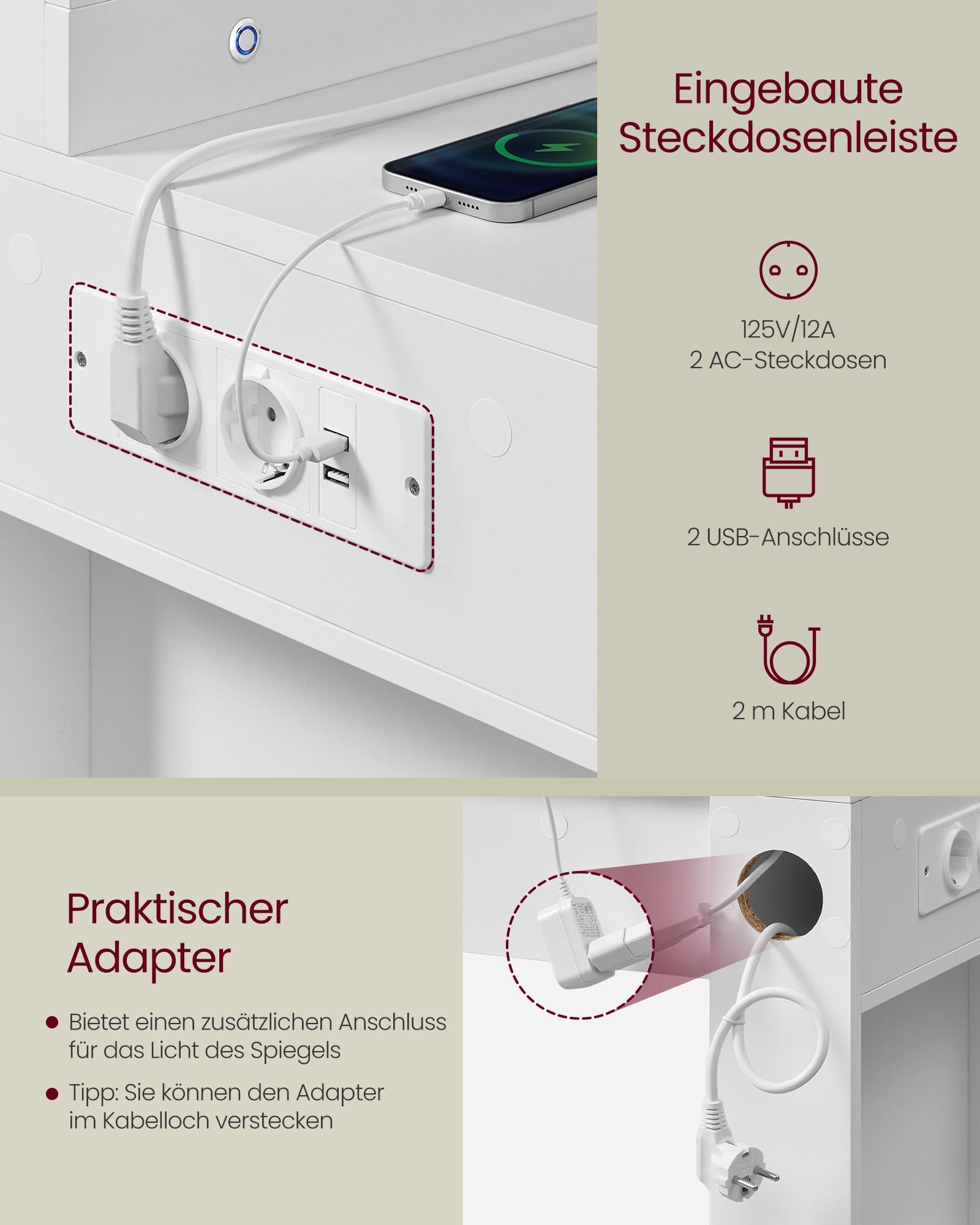 Kaptafel – Make-up Tafel – Met spiegel – LED-verlichting – 3 lades – Wolkenwit