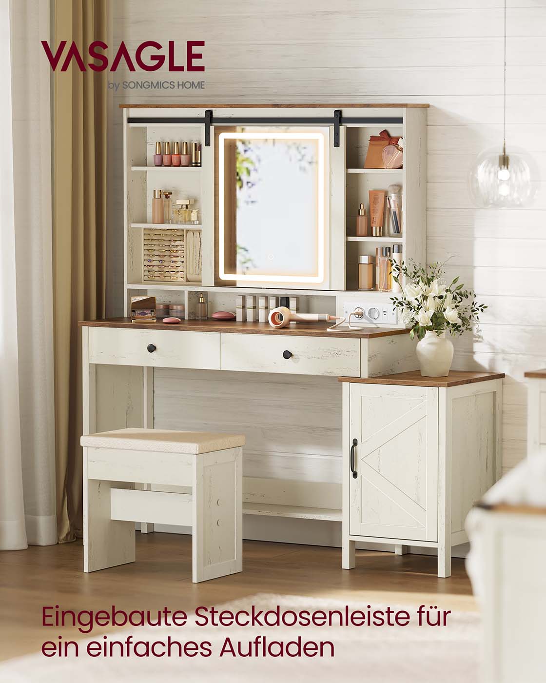 Kaptafel – Make-up Tafel - Met spiegel – 3 lades – Vintage Wit  – Honing Bruin –  40 x 125 x 147 cm