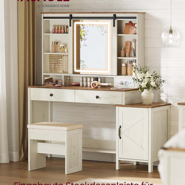 Kaptafel – Make-up Tafel - Met spiegel – 3 lades – Vintage Wit  – Honing Bruin –  40 x 125 x 147 cm