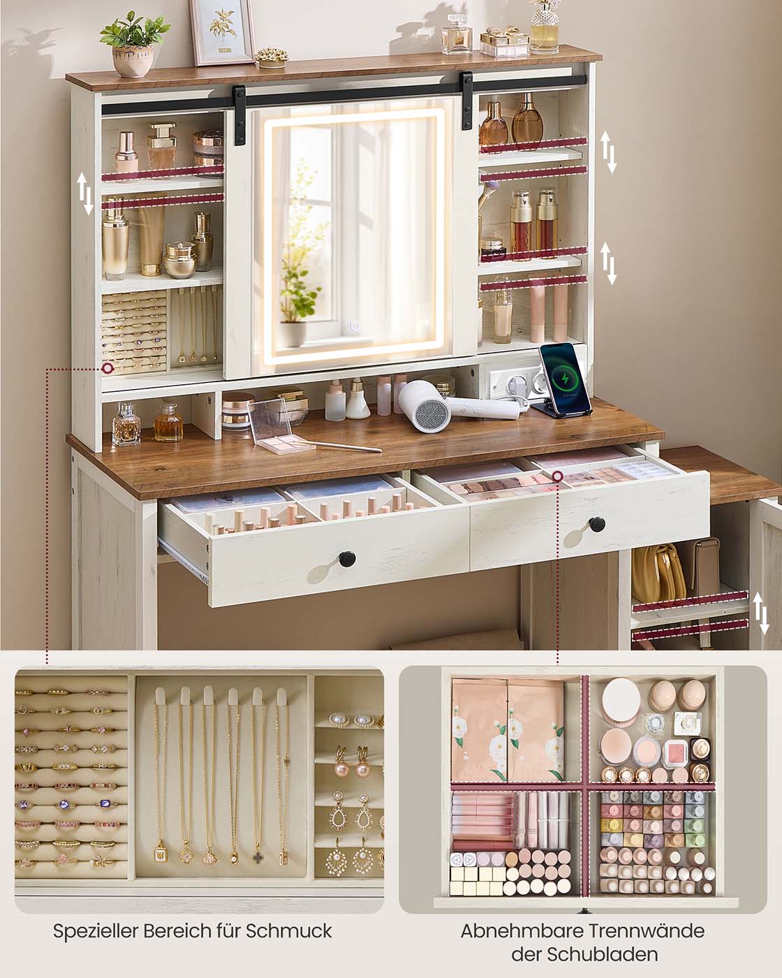 Kaptafel – Make-up Tafel - Met spiegel – 3 lades – Vintage Wit  – Honing Bruin –  40 x 125 x 147 cm