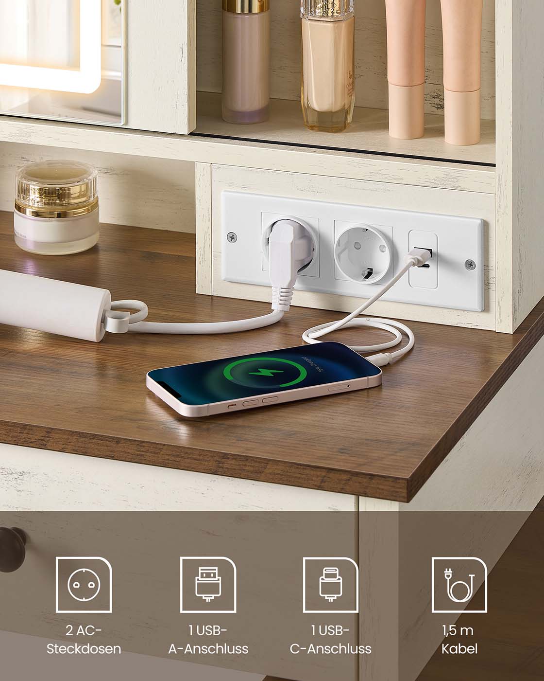 Kaptafel – Make-up Tafel - Met spiegel – 3 lades – Vintage Wit  – Honing Bruin –  40 x 125 x 147 cm