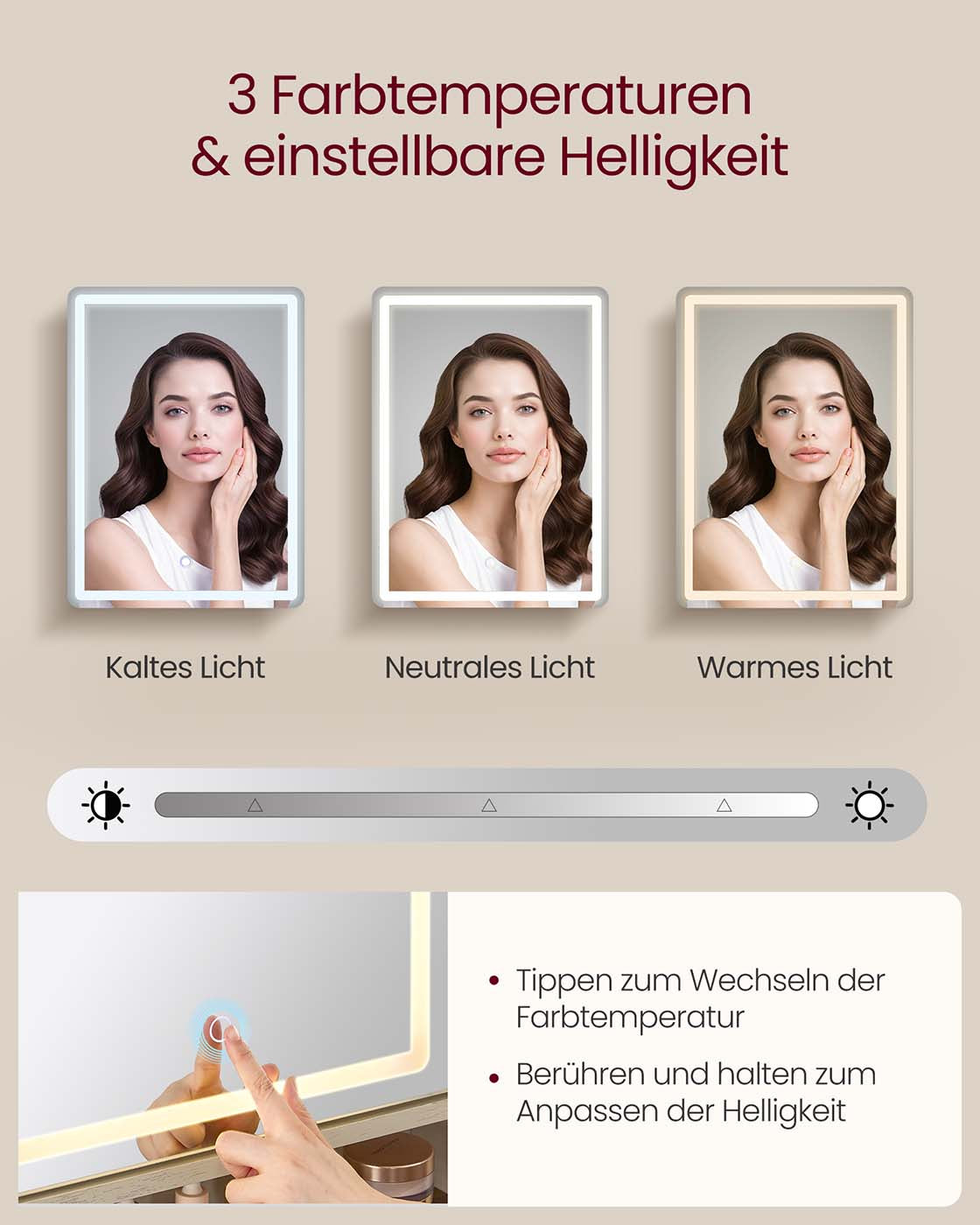 Kaptafel – Make-up Tafel - Met spiegel – 3 lades – Vintage Wit  – Honing Bruin –  40 x 125 x 147 cm