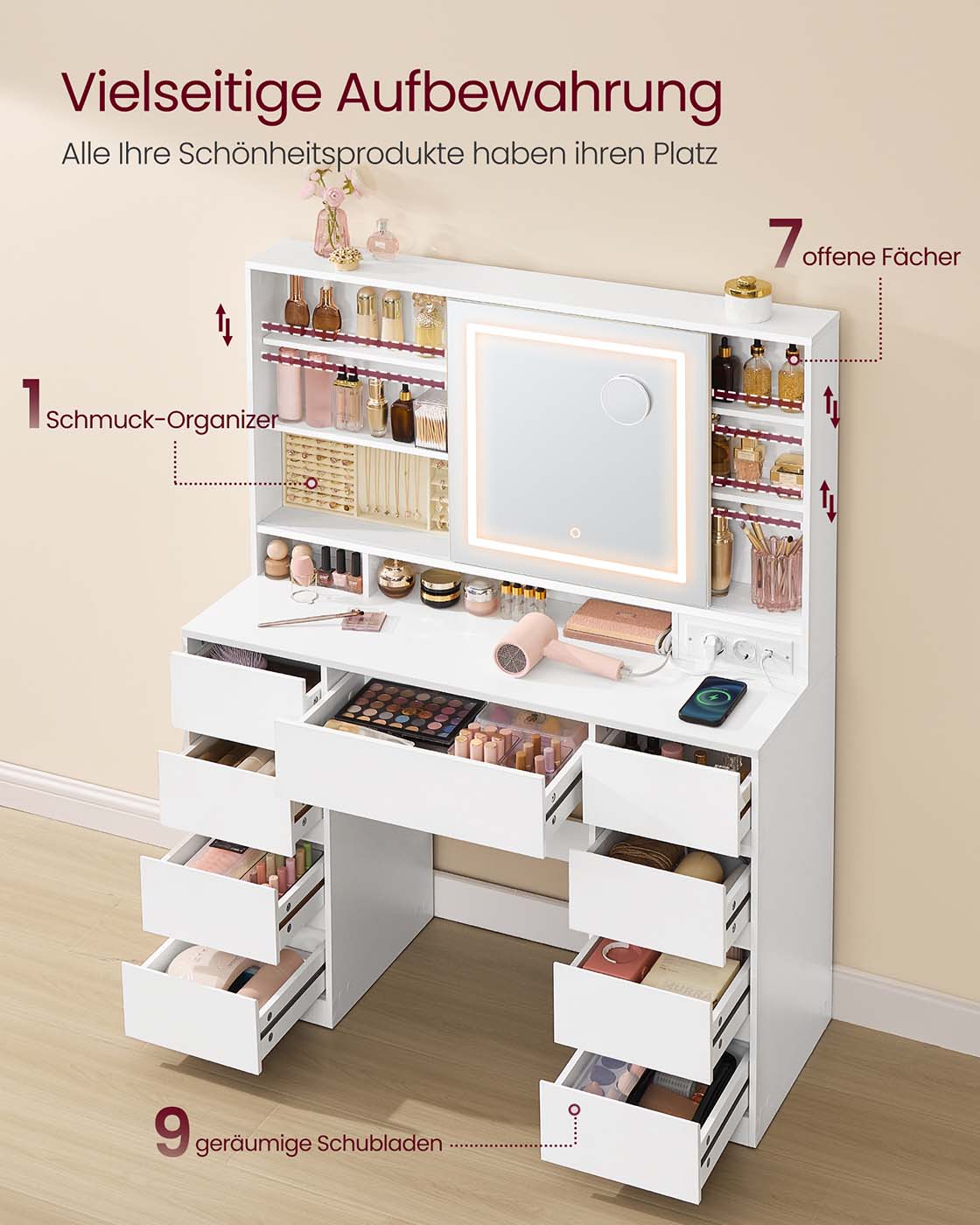 Kaptafel – Make-up Tafel  – Met 10x vergrotende spiegel – LED-verlichting – 9 lades – Wolkenwit – met Stopcontact