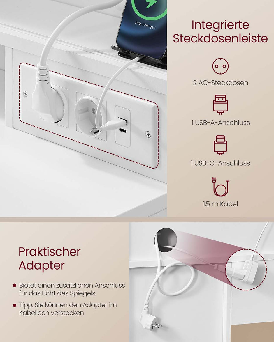 Kaptafel – Make-up Tafel  – Met 10x vergrotende spiegel – LED-verlichting – 9 lades – Wolkenwit – met Stopcontact