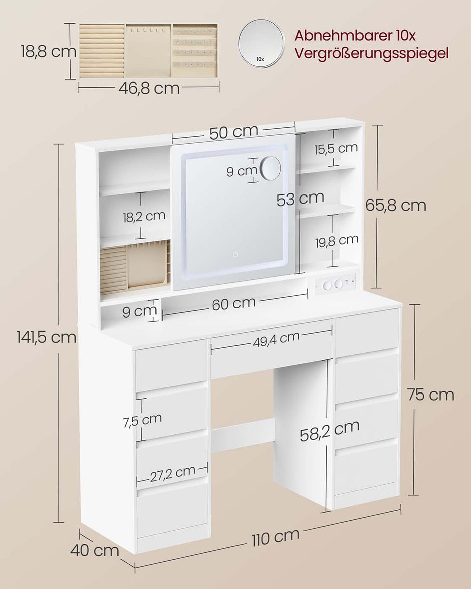 Kaptafel – Make-up Tafel  – Met 10x vergrotende spiegel – LED-verlichting – 9 lades – Wolkenwit – met Stopcontact