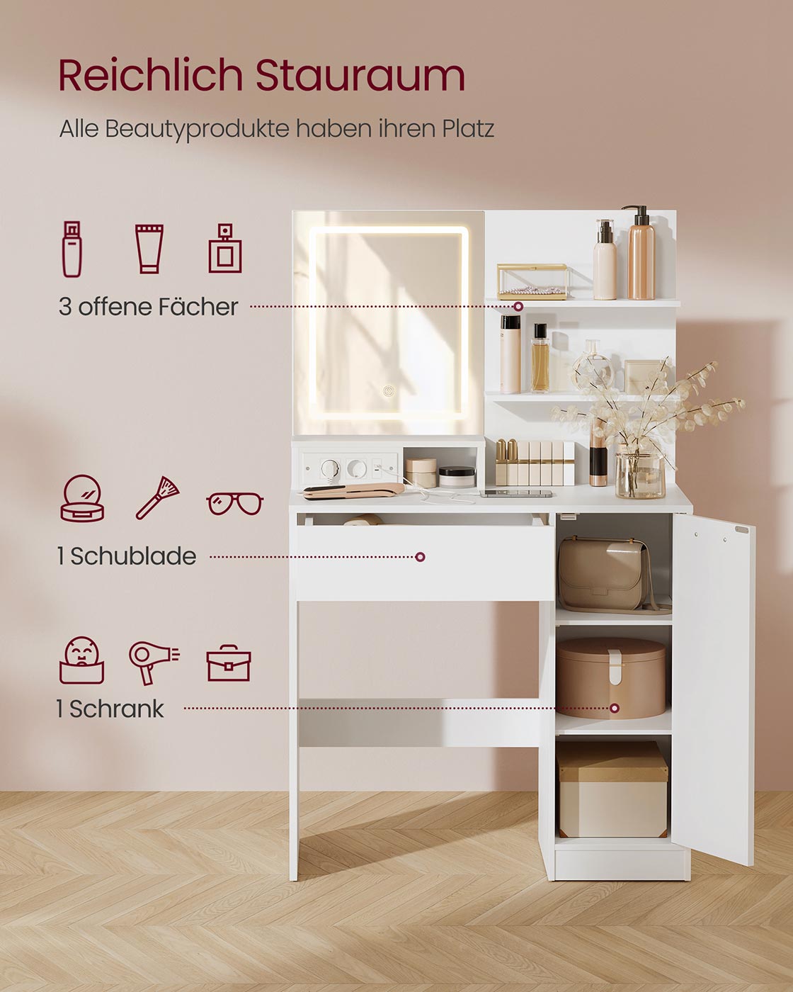 Kaptafel – Make-up Tafel  – Met LED spiegel –  40 x 80 x 132 – Met1 lade