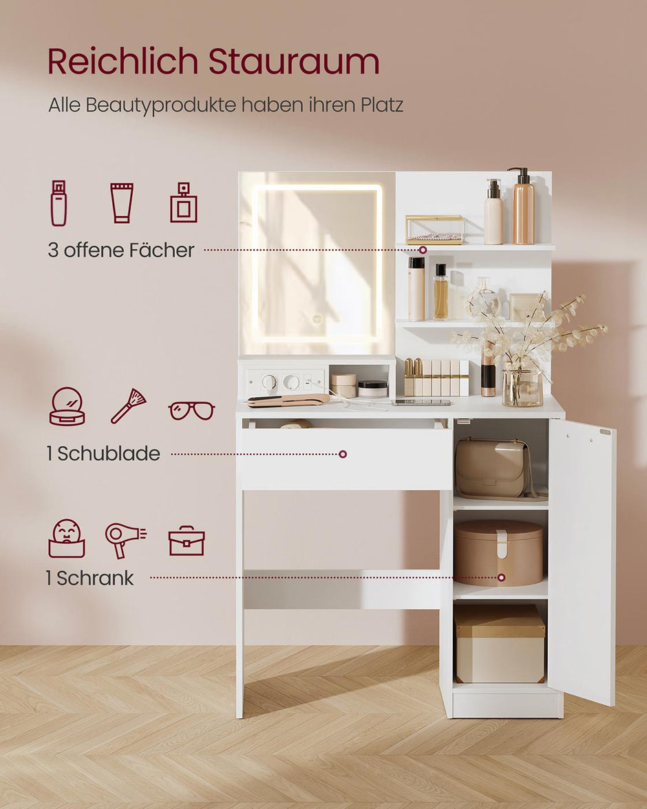 Kaptafel – Make-up Tafel  – Met LED spiegel –  40 x 80 x 132 – Met1 lade