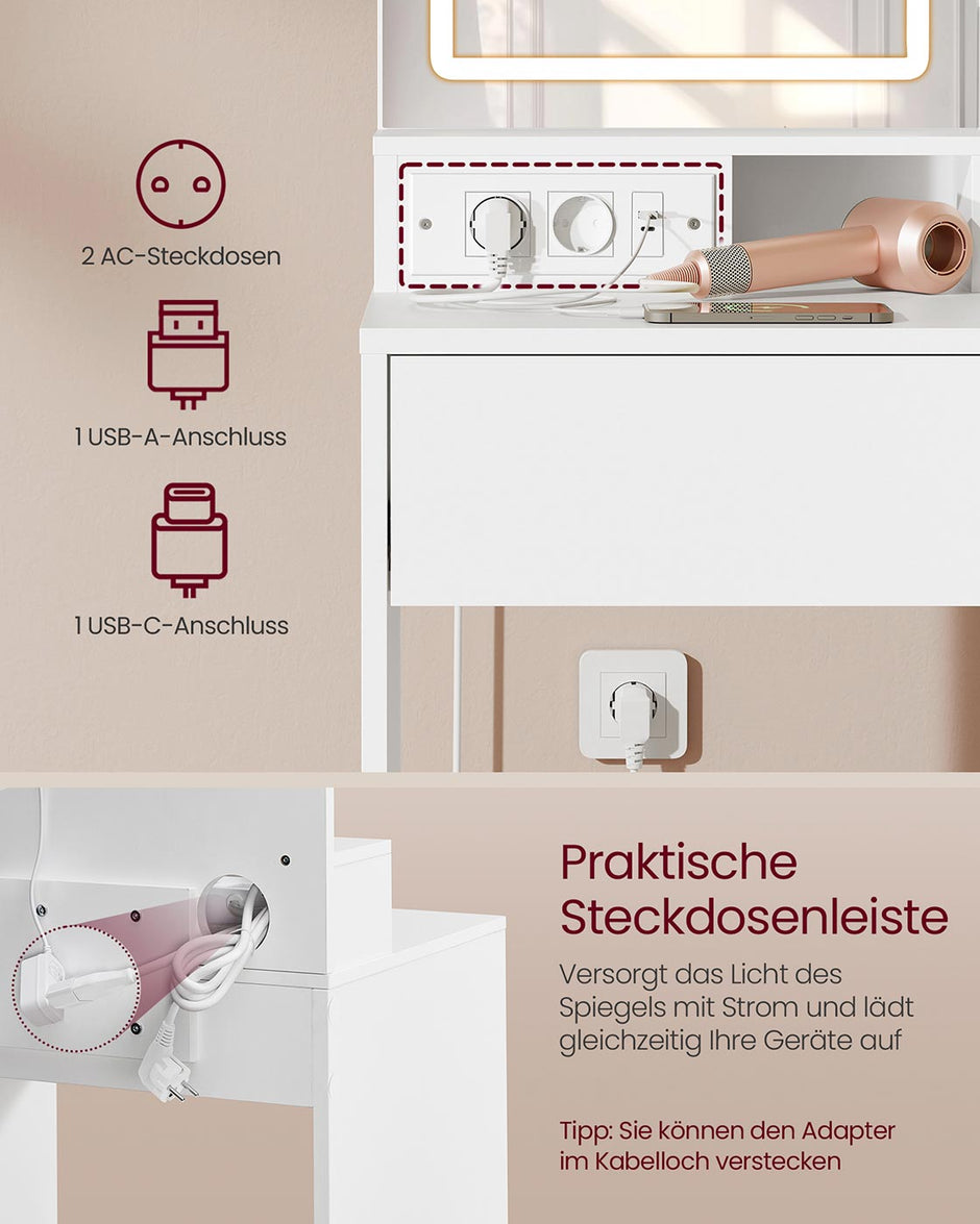 Kaptafel – Make-up Tafel  – Met LED spiegel –  40 x 80 x 132 – Met1 lade