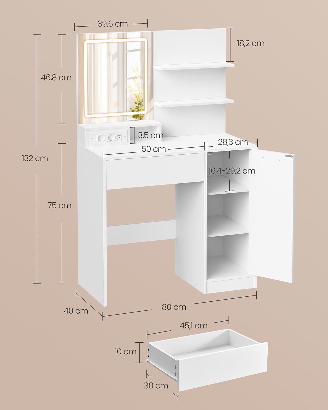 Kaptafel – Make-up Tafel  – Met LED spiegel –  40 x 80 x 132 – Met1 lade