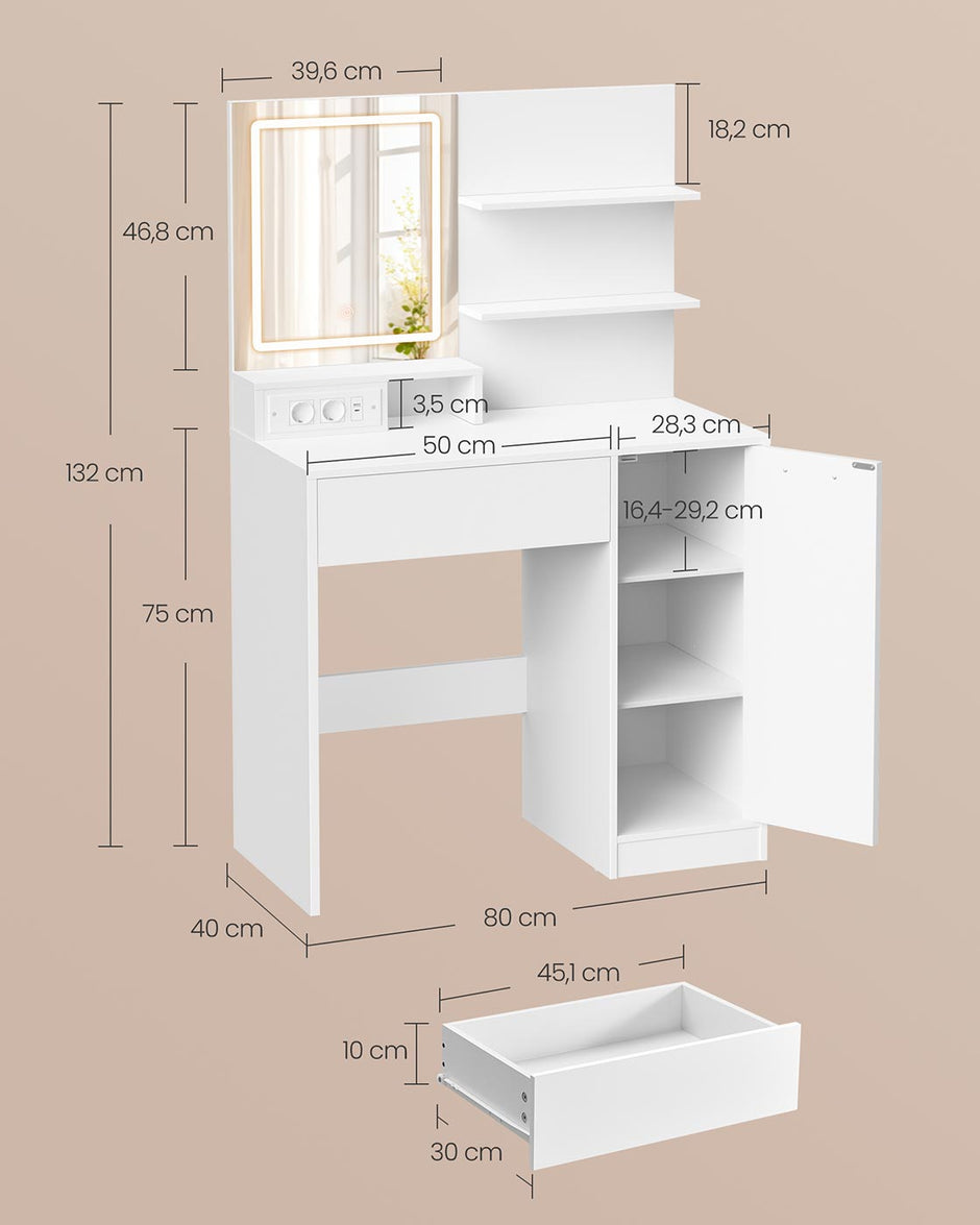 Kaptafel – Make-up Tafel  – Met LED spiegel –  40 x 80 x 132 – Met1 lade
