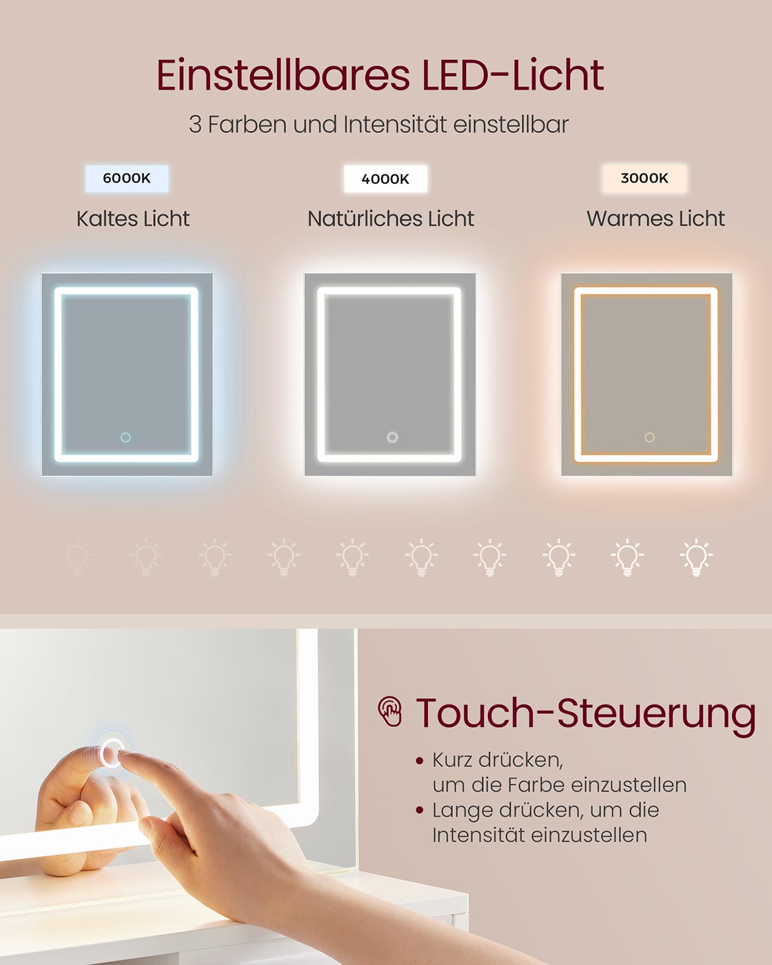 Kaptafel – Make-up Tafel  – Met LED spiegel –  40 x 80 x 132 – Met1 lade