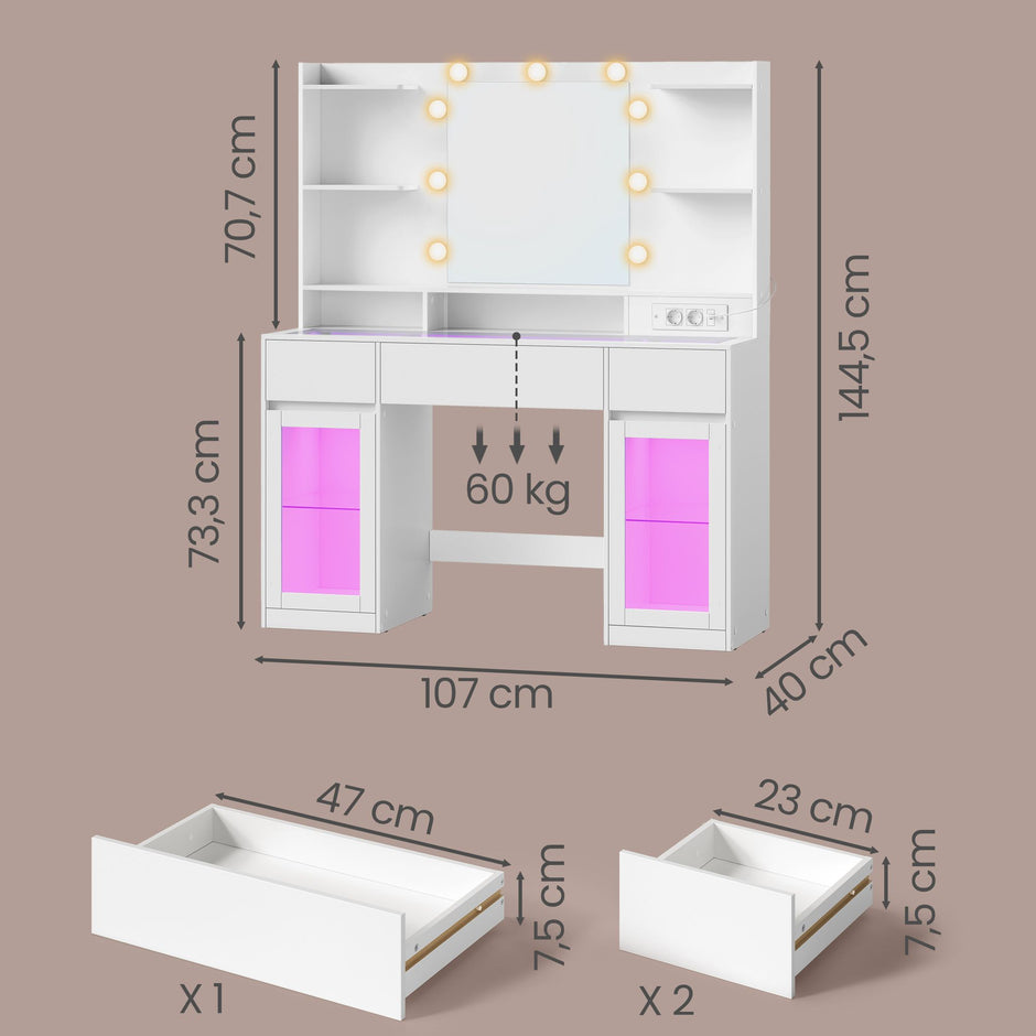 Kaptafel met Spiegel - RGB-Verlichting - Met Stopcontact - 2 Kastjes - Mat Wit