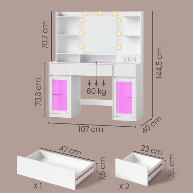 Kaptafel met Spiegel - RGB-Verlichting - Met Stopcontact - 2 Kastjes - Mat Wit