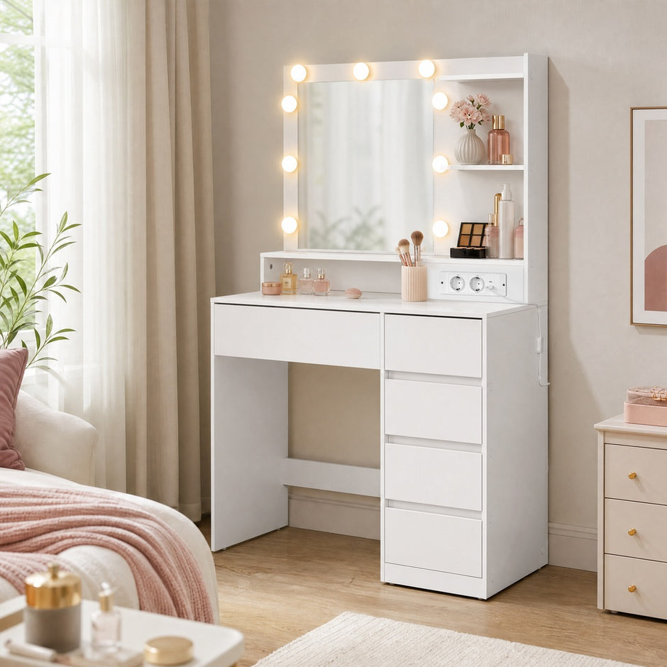 Kaptafel - Met Verlichte Spiegel en Schuifladen - Wit - 80 x 40 x 144,3 cm