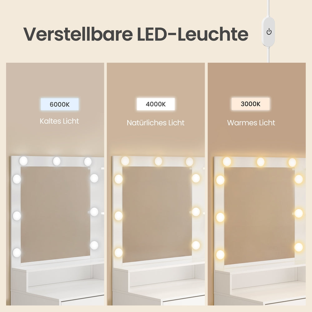 Kaptafel - Met Verlichte Spiegel en Schuifladen - Wit - 80 x 40 x 144,3 cm