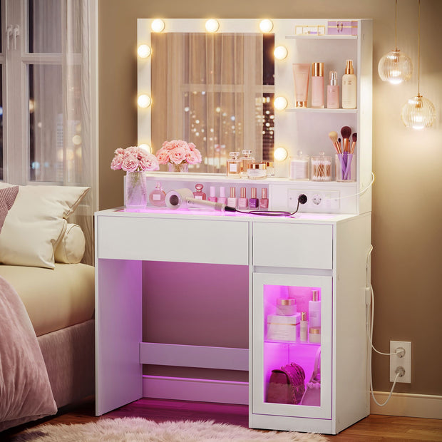 Kaptafel met Spiegel – RGB LED – 3 Lichtkleuren – Stopcontacten – Lades en Glazen Kastje – 80 cm – Wit