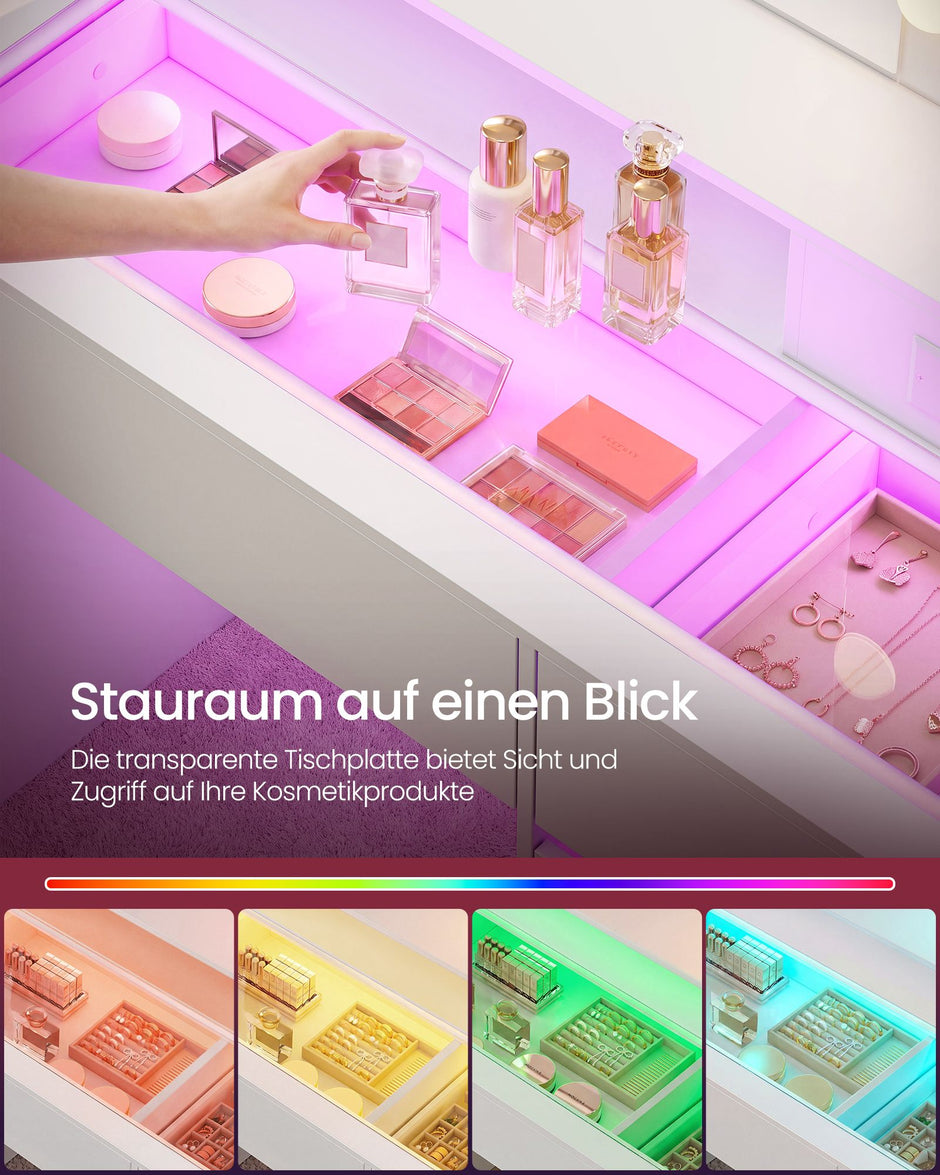 Kaptafel met Spiegel – RGB LED – 3 Lichtkleuren – Stopcontacten – Lades en Glazen Kastje – 80 cm – Wit