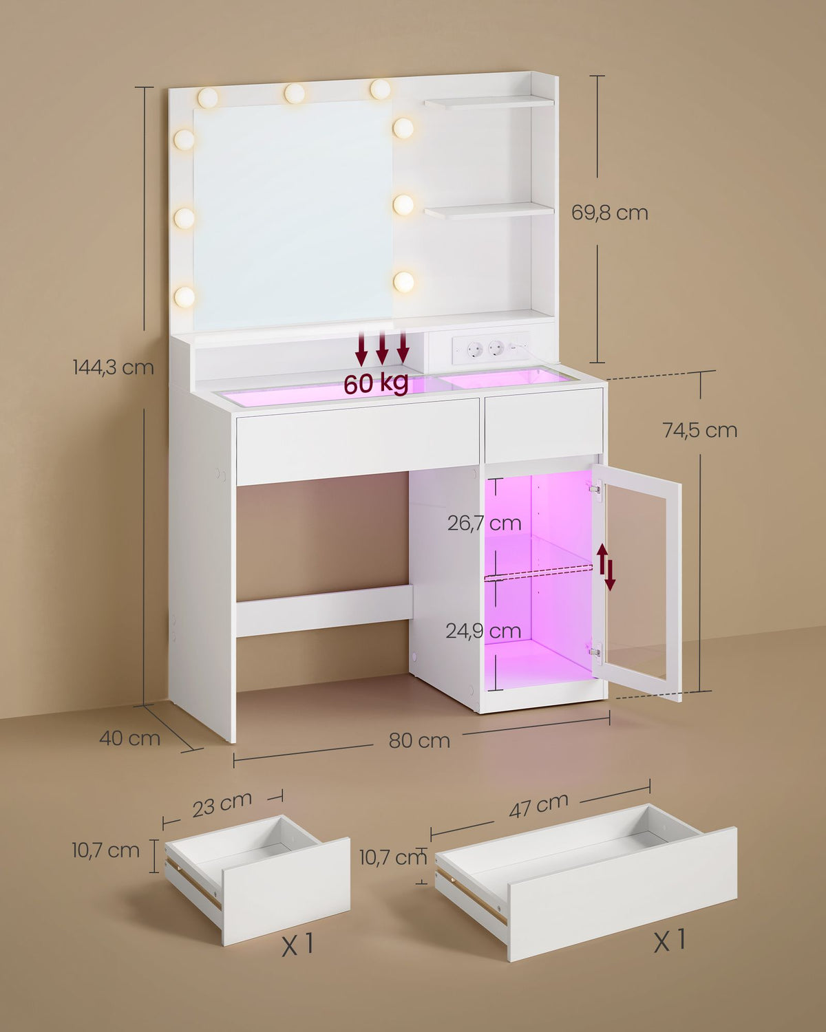 Kaptafel met Spiegel – RGB LED – 3 Lichtkleuren – Stopcontacten – Lades en Glazen Kastje – 80 cm – Wit