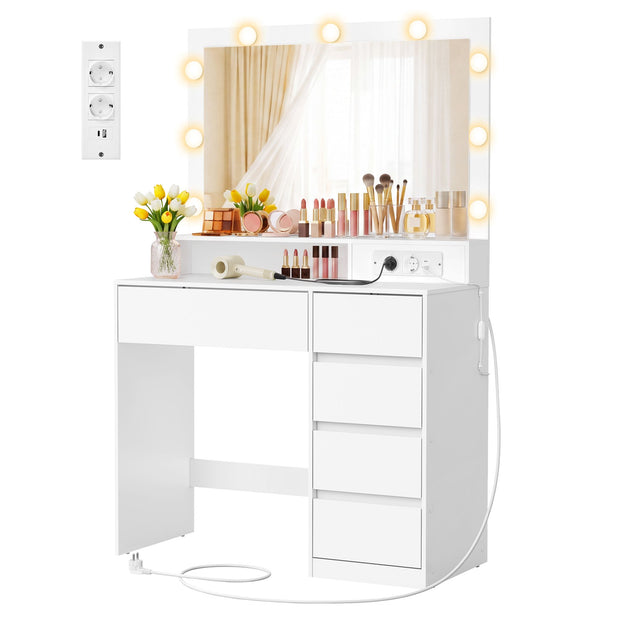 Kaptafel met Spiegel – RGB-Verlichting – 5 Lades – Stopcontacten – 80 cm – Wit