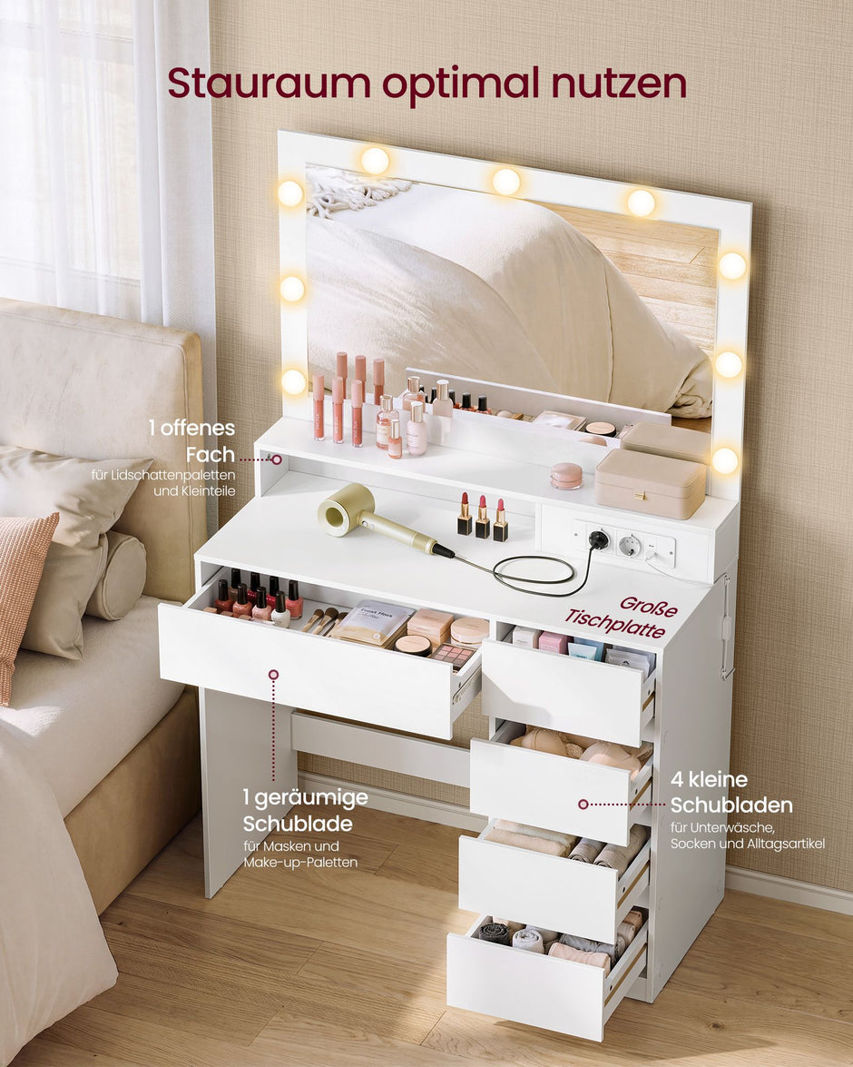 Kaptafel met Spiegel – RGB-Verlichting – 5 Lades – Stopcontacten – 80 cm – Wit