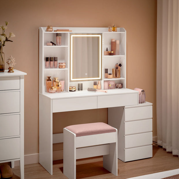 Kaptafel – Make-up Tafel  – Met spiegel – Met LED-verlichting – 2 grote lades – Wit