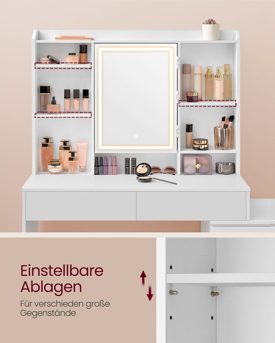 Kaptafel – Make-up Tafel – Met spiegel – LED-verlichting – 2 grote lades – Wit
