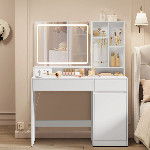 Kaptafel – Make-up Tafel – LED-verlichting – Met spiegel – 3 lades – Wolkwit – 110 cm breed