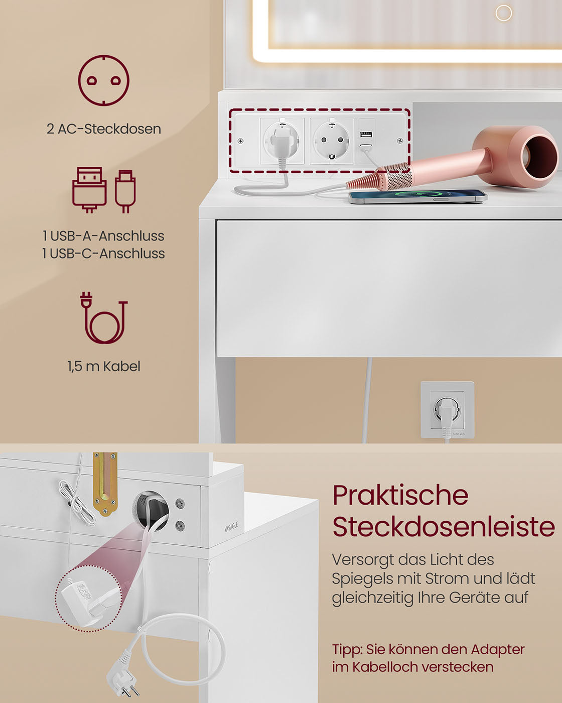 Kaptafel – Make-up Tafel – LED-verlichting – Met spiegel – 3 lades – Wolkwit – 110 cm breed