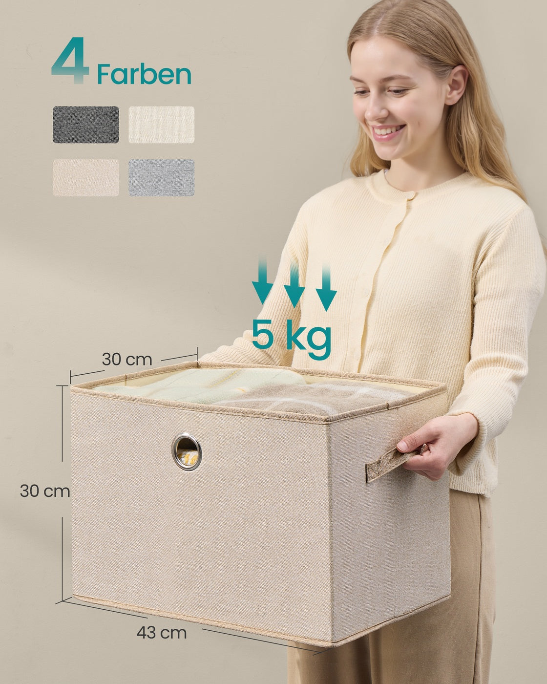 Opbergdozen - 43 x 30 x 30 cm - Set van 3 - Zandbeige - 5 kg per doos