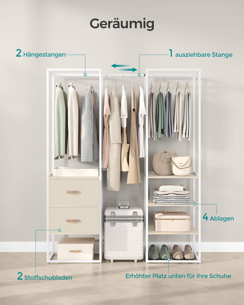 Kledingrek – 40 x (150-180) x 180 cm – Met 2 lades – Natuurlijk beige – Tot 130 kg draagvermogen