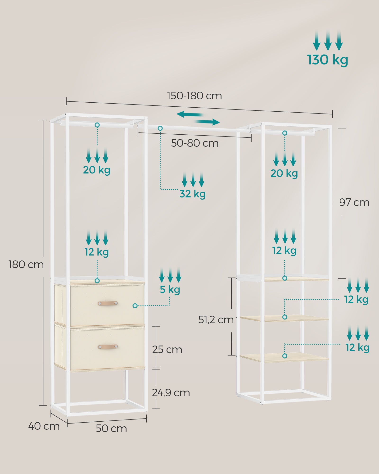 Kledingrek – 40 x (150-180) x 180 cm – Met 2 lades – Natuurlijk beige – Tot 130 kg draagvermogen