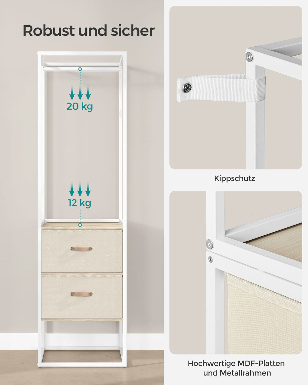 Kledingrek – met 2 lades – naturel beige