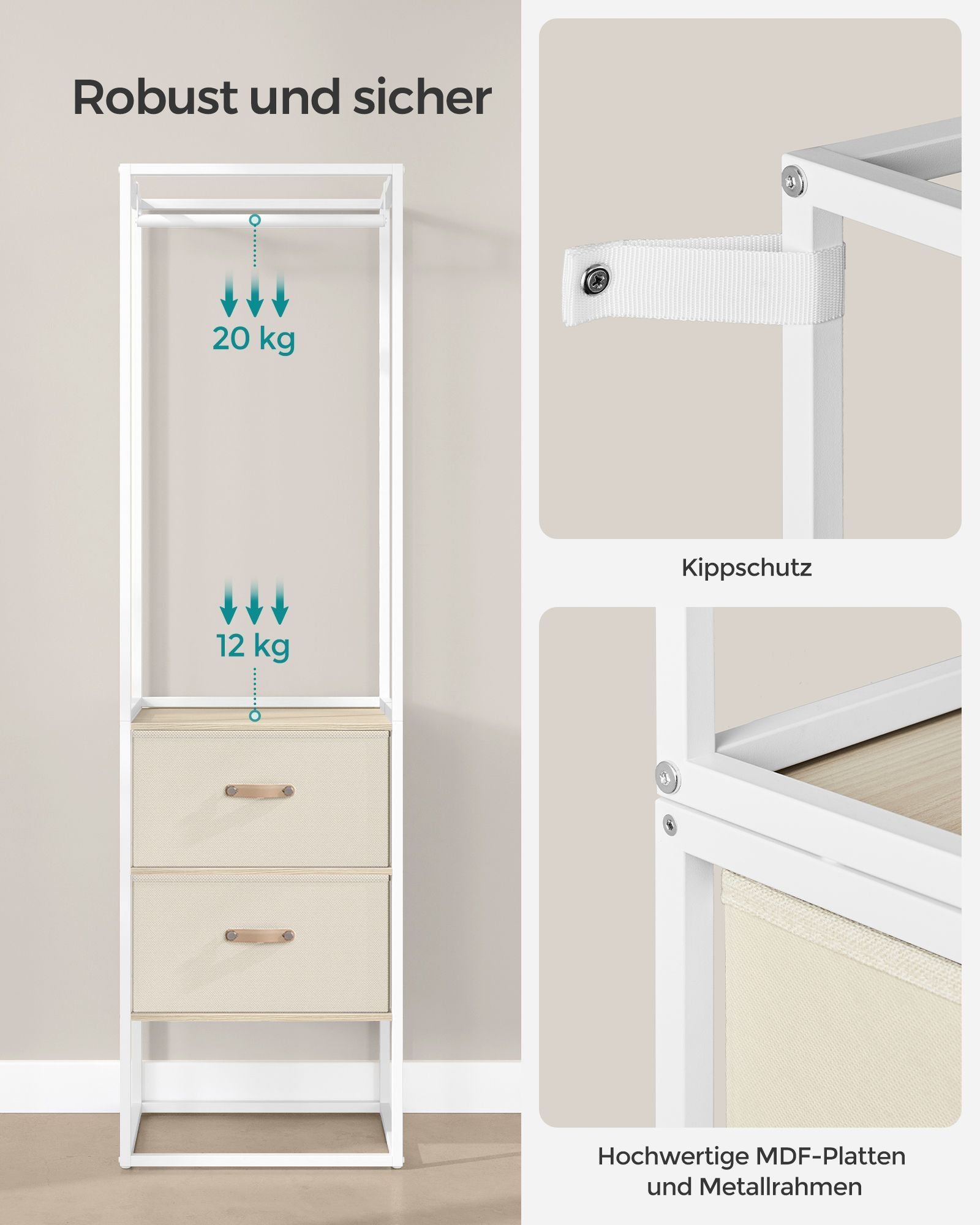 Kledingrek – 40 x (150-180) x 180 cm – Met 2 lades – Natuurlijk beige – Tot 130 kg draagvermogen