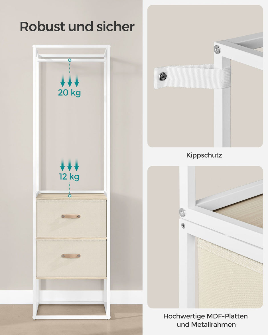 Kledingrek – 40 x (150-180) x 180 cm – Met 2 lades – Natuurlijk beige – Tot 130 kg draagvermogen