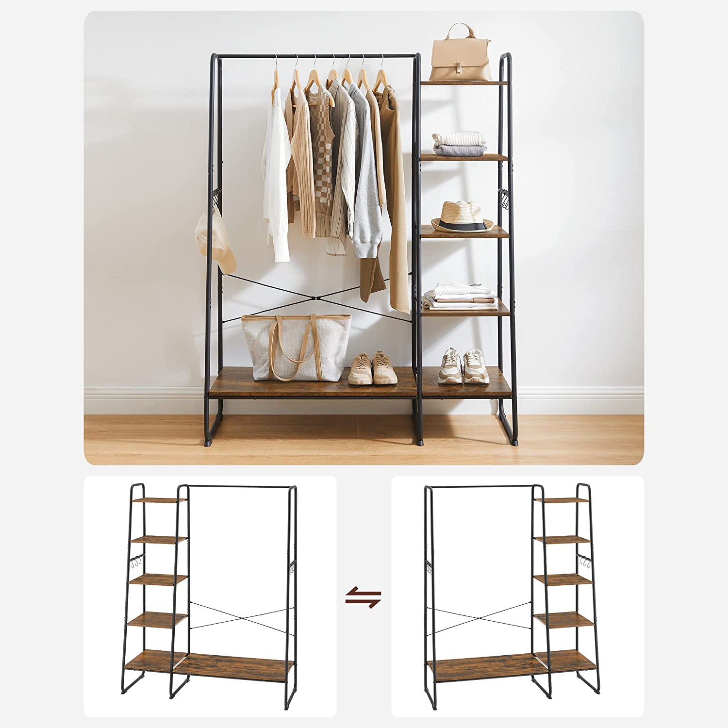 Kapstok - 5 niveaus - Met schoenenrek - 6 haken - Kledingstang - Industrieel design - 45 x 120 x 160 cm