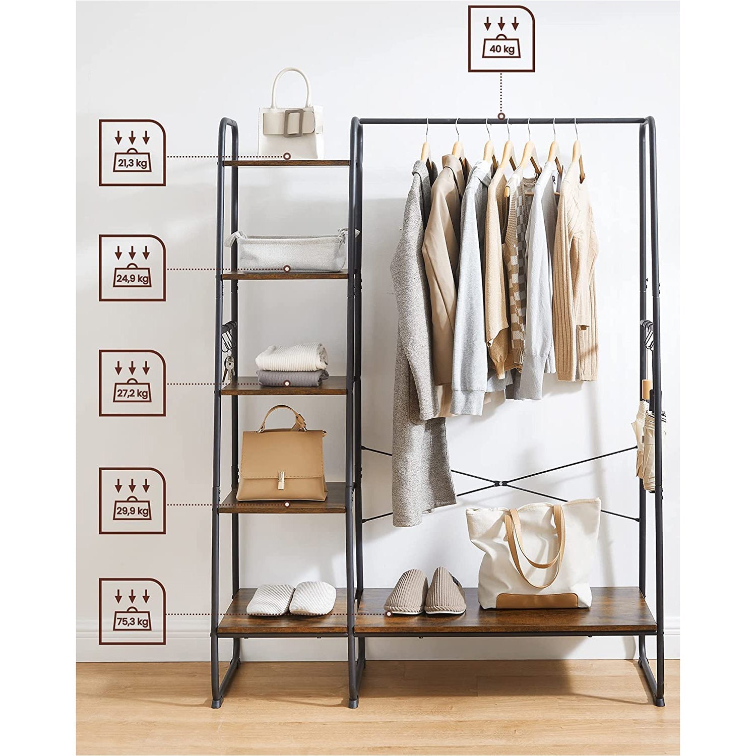Kapstok - 5 niveaus - Met schoenenrek - 6 haken - Kledingstang - Industrieel design - 45 x 120 x 160 cm