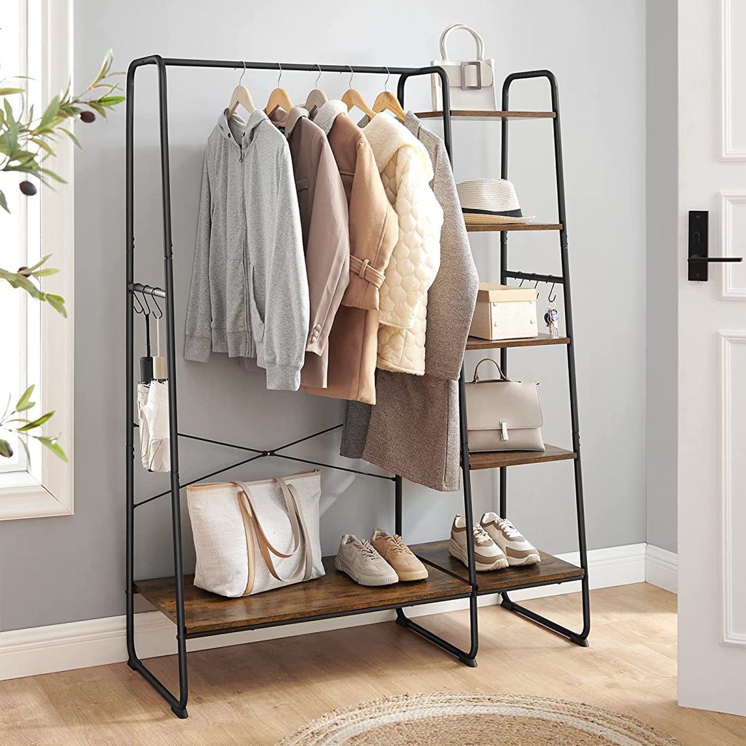 Kapstok - 5 niveaus - Met schoenenrek - 6 haken - Kledingstang - Industrieel design - 45 x 120 x 160 cm