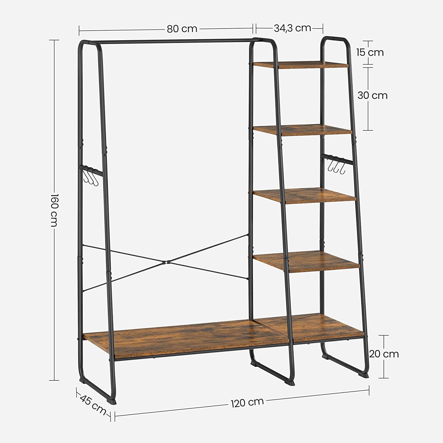 Kapstok - 5 niveaus - Met schoenenrek - 6 haken - Kledingstang - Industrieel design - 45 x 120 x 160 cm