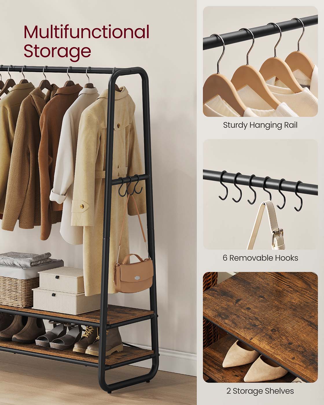 Kledingrek met 2 planken en 6 haken in vintage bruin-zwart