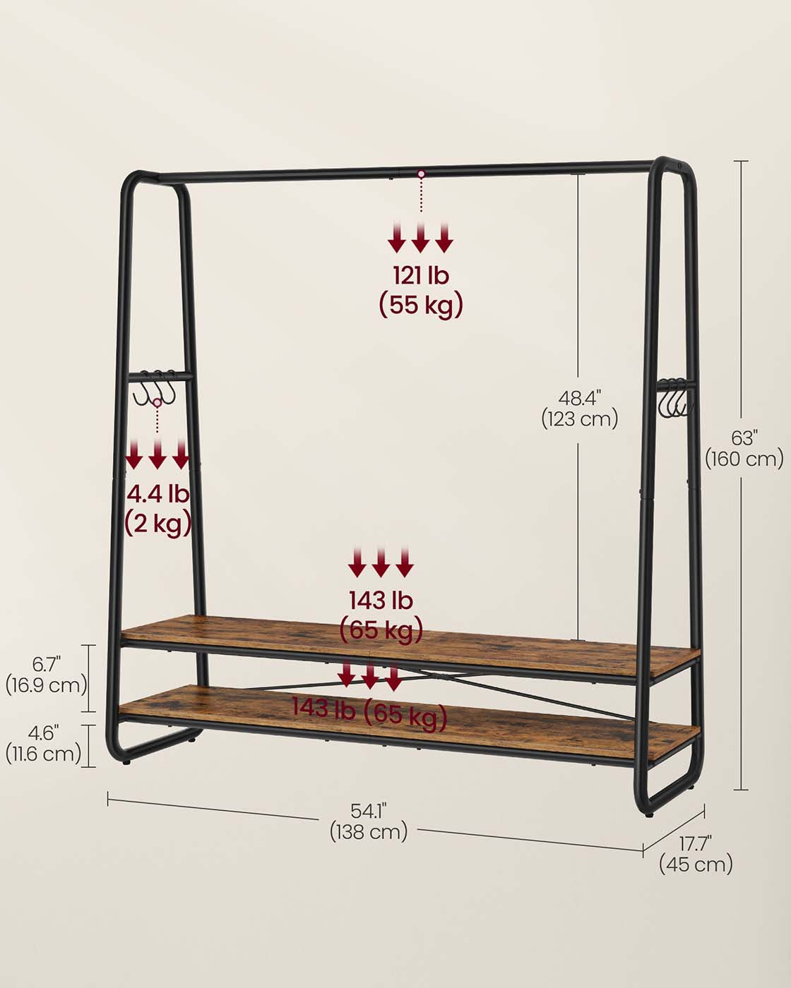 Kledingrek met 2 planken en 6 haken in vintage bruin-zwart