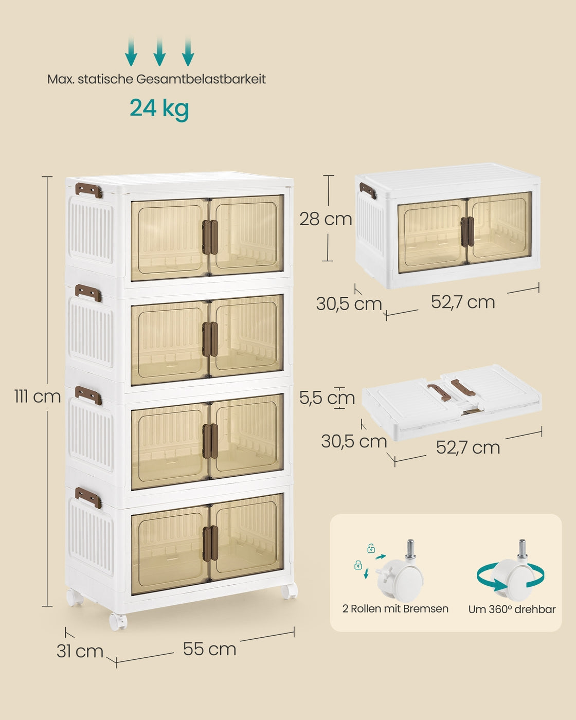 Opbergdozen - 31 x 55 x 111 cm - 4 lagen - stapelbaar - wit - 100 liter totaal - 6 kg per laag