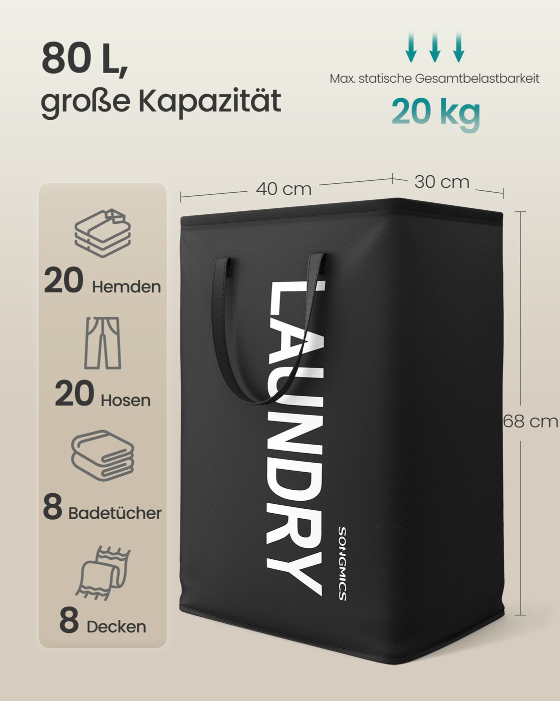 Wasmand - 40 x 30 x 68 cm - Opvouwbaar - Met handvat - Waterafstotend - Inktzwart - Maximaal 20 kg