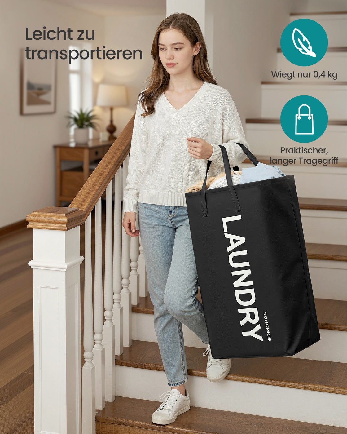 Wasmand - 40 x 30 x 68 cm - Opvouwbaar - Met handvat - Waterafstotend - Inktzwart - Maximaal 20 kg